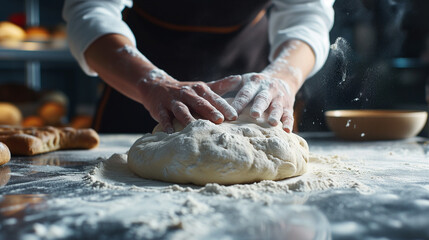 Baker's hands kneading bread.