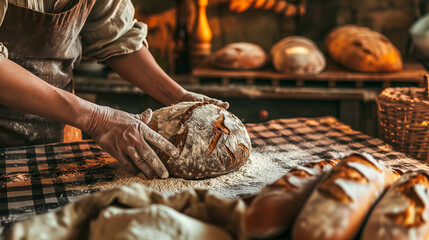 Baker's hands keeping a fresh baked loaf. - obrazy, fototapety, plakaty