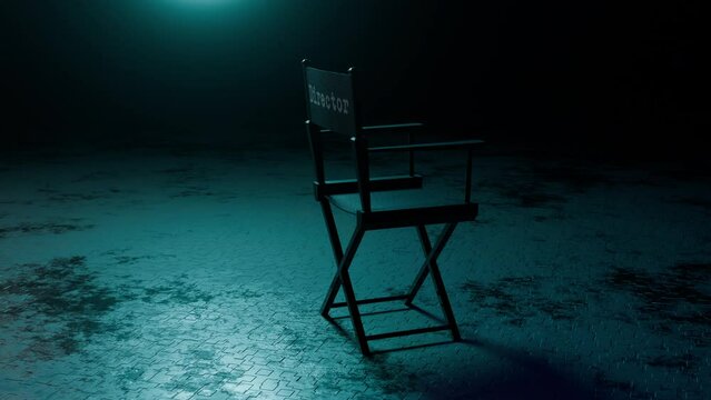 Animation of a wooden director chair on a dark stage with colorful flickering spotlights. 3d rendering.