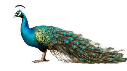 A majestic peacock stands out against a dark canvas, its vibrant blue feathers and striking beak captivating the viewer with its wild beauty