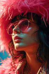 Obraz premium a woman in pink hat and sunglasses on a pink background, close portrait. Stylish female