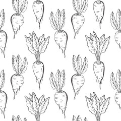 Sugar beet seamless pattern hand drawn sketch vector illustration. Repeating background with sweet root plants, Engraved vegetables backdrop . Agriculture, healthy food, beetroot harvesting