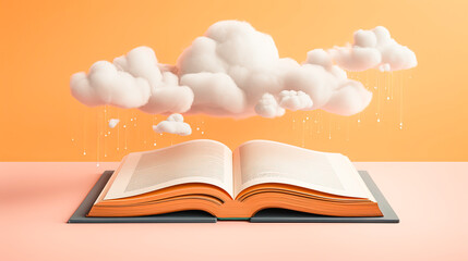 An open book above which a white fluffy cloud hovers. Minimal pastel peach background.