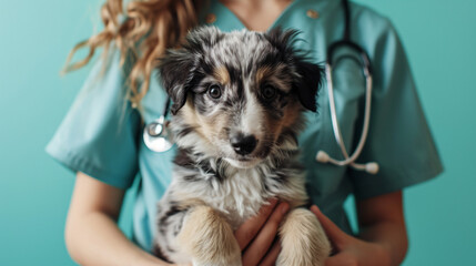 Young vet in scrubs with a cute little puppy isolated on turquoise - obrazy, fototapety, plakaty
