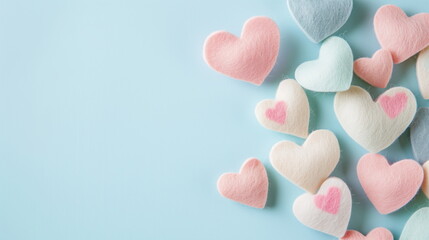 Obraz premium Colorful pastel pink, yellow, blue felting wool hearts on a light blue background in top view. Banner with felt hearts and copy space. Valentine's Day, love, hobby concept.