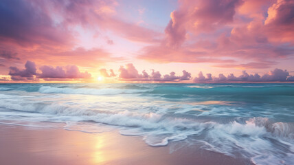 Fototapeta na wymiar Serene Paradise Sunset, Pink and Azure Beach Blis