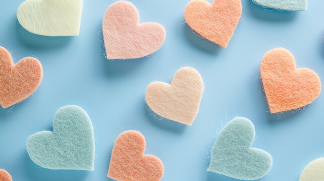 Pastel colored felt hearts on a light blue background in top view. Valentine's Day, love, hobby concept.