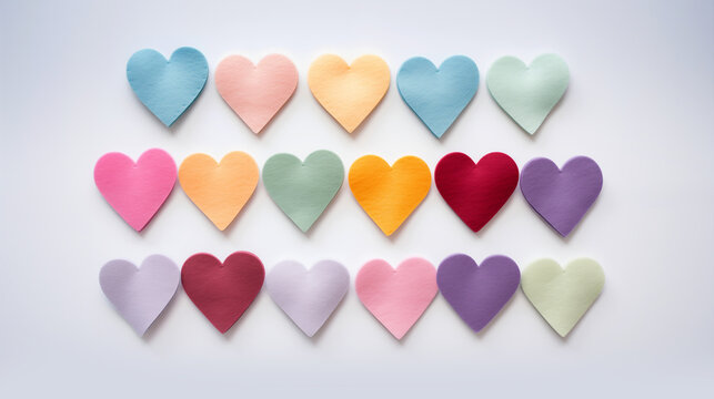 Pastel felt hearts on a white background. Valentine's Day, love, hobby concept.
