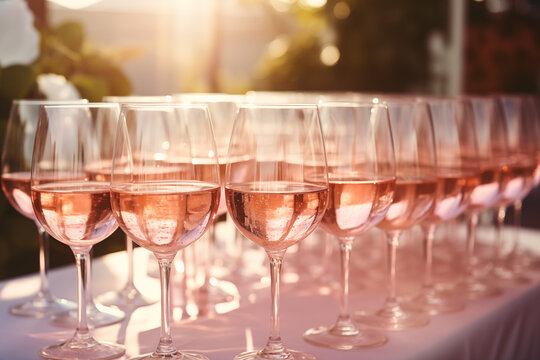 Rose parkling wine for guests at party. Champagne wedding reception welcome drinks.