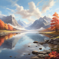 Fototapeta na wymiar a picture depicting a lake in the mountains with mountains in the distance ai generated