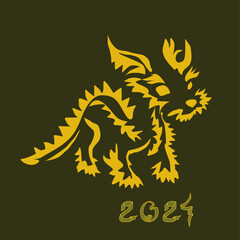 New Year card with 2024 year of the dragon! Chinese horoscope symbol. Golden earth dragon logo