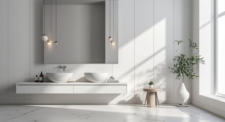 Fototapeta na wymiar Elegant Minimalist Bathroom Mockup with Hanging Cabinet and Washbasin on White Wall Background