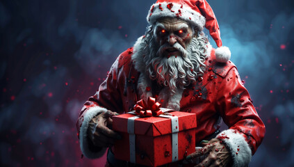 A zombie Santa Claus with a present in his hands.