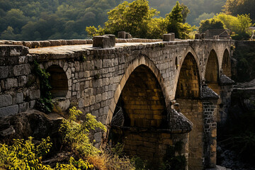 Crossing the medieval bridge, travelers marveled at the craftsmanship of the stone arches and intricate details. - obrazy, fototapety, plakaty