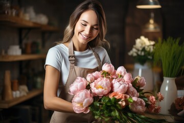 Smiling woman florist small business flower shop owner