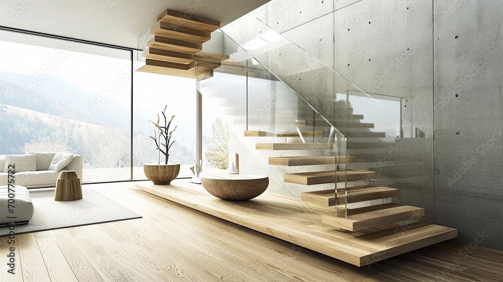 Sticker A light oak staircase with floating steps and glass sides, offering a minimalist yet striking feature in a sophisticated home. - Stickers