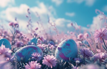 Obraz na płótnie Canvas easter eggs in summer flowers with sky background