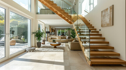 A luxurious light oak staircase with glass balustrades, set in a spacious, high-ceilinged living...