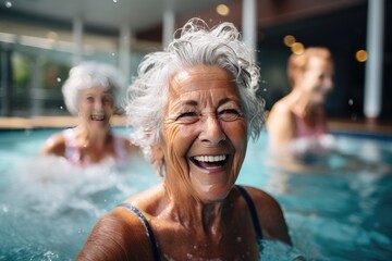 Healthy smiling senior woman swimming in the pool