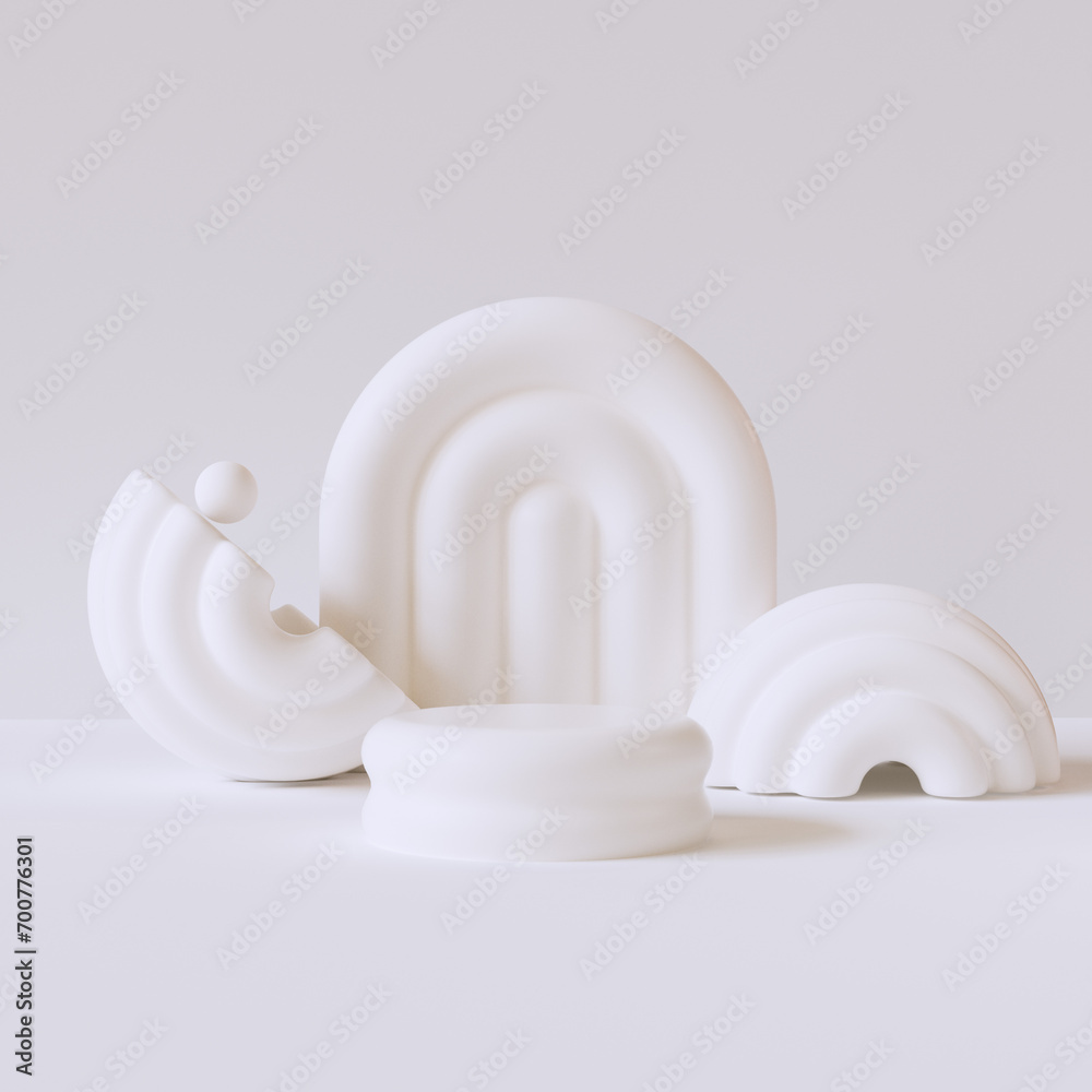 Poster geometric design elements decoration on empty product display scene with white podium, 3d rendering