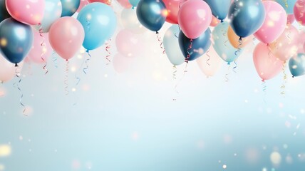 colorful balloons on a white wall with confetti