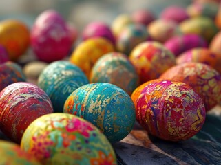 Fototapeta na wymiar many colorful easter eggs set on a table,
