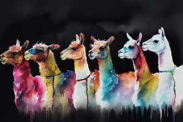 Animal illustration, bright llamas stand in a row on a black background