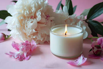 Obraz na płótnie Canvas Aroma candle with peony flowers on a pink background