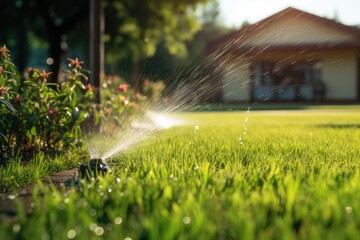 Automatic Garden Lawn sprinkler in action watering grass.