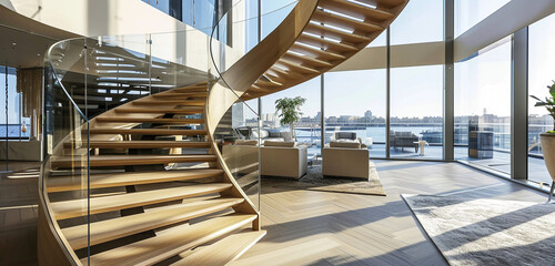 A luxurious staircase with wide light oak steps and sleek glass balustrades, set against a backdrop...