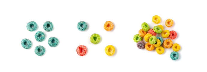 Colorful Breakfast Rings Pile Isolated. Fruit Loops, Fruity Cereal Rings, Colorful Corn Cereals