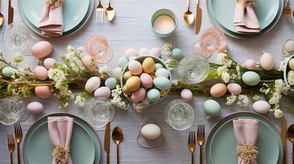 Easter Elegance: A Festive Table Adorned with Pastels and Spring Joy - obrazy, fototapety, plakaty