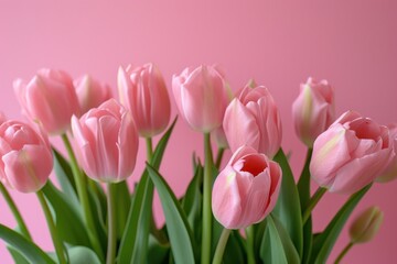 Fototapeta premium pink tulips against a pink background with a tabletop