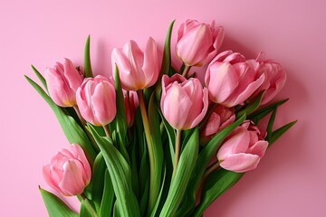Fototapeta premium pink tulips against a pink background with a tabletop
