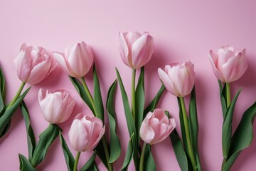 Fototapeta premium pink tulips on a pink background, flat lay,