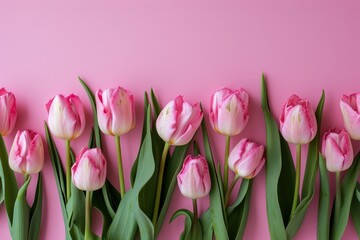 Obraz premium pink tulips on pink background with copy space
