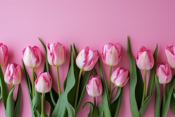 pink tulips on pink background with copy space