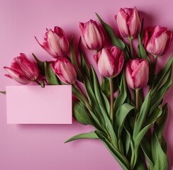 pink tulips with a card on top on pink background