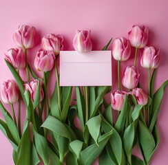 pink tulips with a card on top on pink background