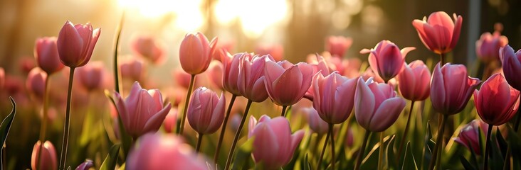 pink tulips with warm sunshine at sunrise backgrounds background design