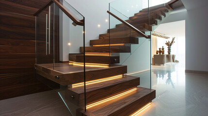 A modern, eye-catching wooden staircase combining dark walnut steps with light oak landings, glass balustrades, and elegant LED under-handrail lighting.
