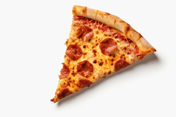 A slice of pizza on a white background, captured from an overhead perspective.