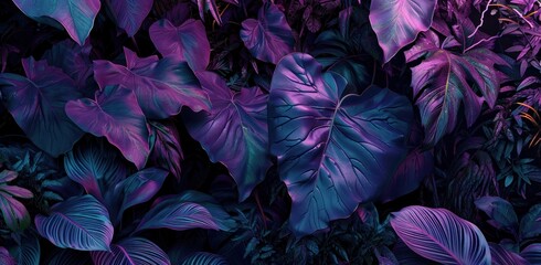 purple and violet jungle leaves in the night time - obrazy, fototapety, plakaty