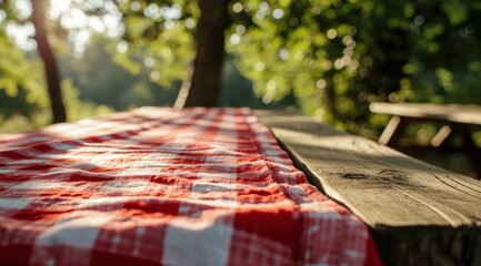 red cloth picnic tablecloth on the picnic table in autumn nature background - Powered by Adobe