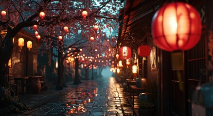 Fototapeta premium red lantern hanging from the street at night