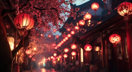 red lantern hanging from the street at night