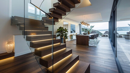 A modern, eye-catching wooden staircase combining dark walnut steps with light oak landings, glass balustrades, and elegant LED under-handrail lighting. - obrazy, fototapety, plakaty