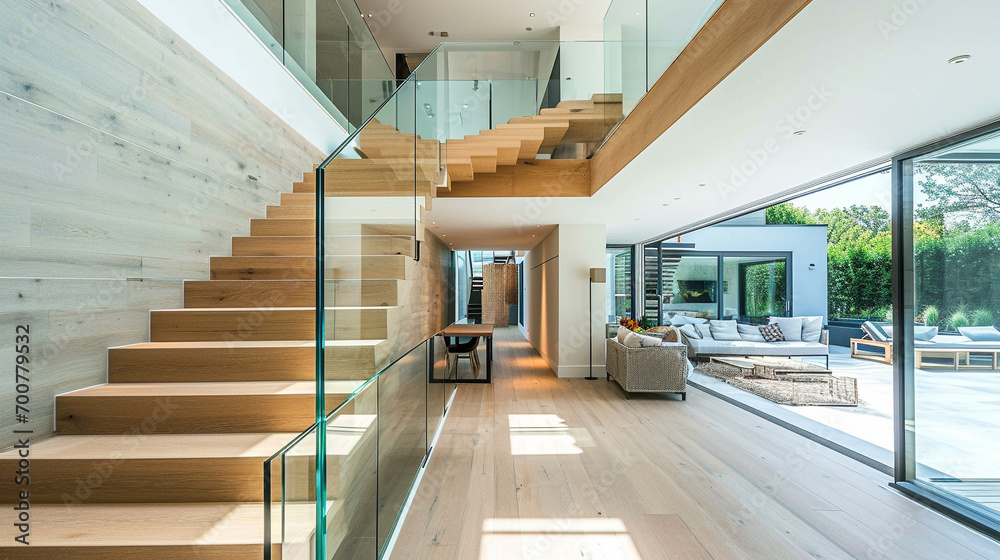 Wall mural A modern, light oak staircase with frameless glass sides, enhancing the sense of openness in a contemporary home. - Wall murals
