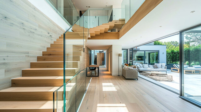 A modern, light oak staircase with frameless glass sides, enhancing the sense of openness in a contemporary home.
