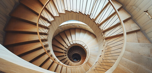 A modern minimalist spiral staircase, combining light-colored wood treads with simple, stylish ironwork on the sides.